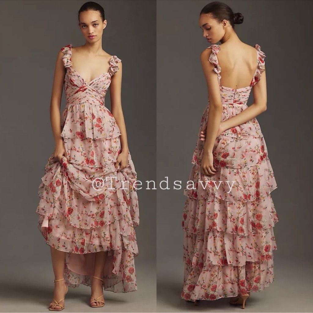 Anthropologie Mac Duggal Pink Chiffon Floral Tiered Gown Maxi Dress 8 Nwt